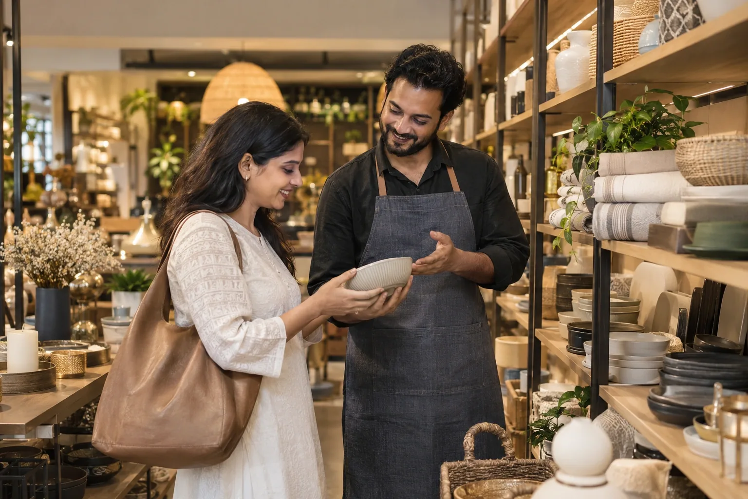 An Indian independent store owner assisting an adult shopper in a beautifully arranged lifestyle retail shop, tactile shelves and elegant unbranded products.